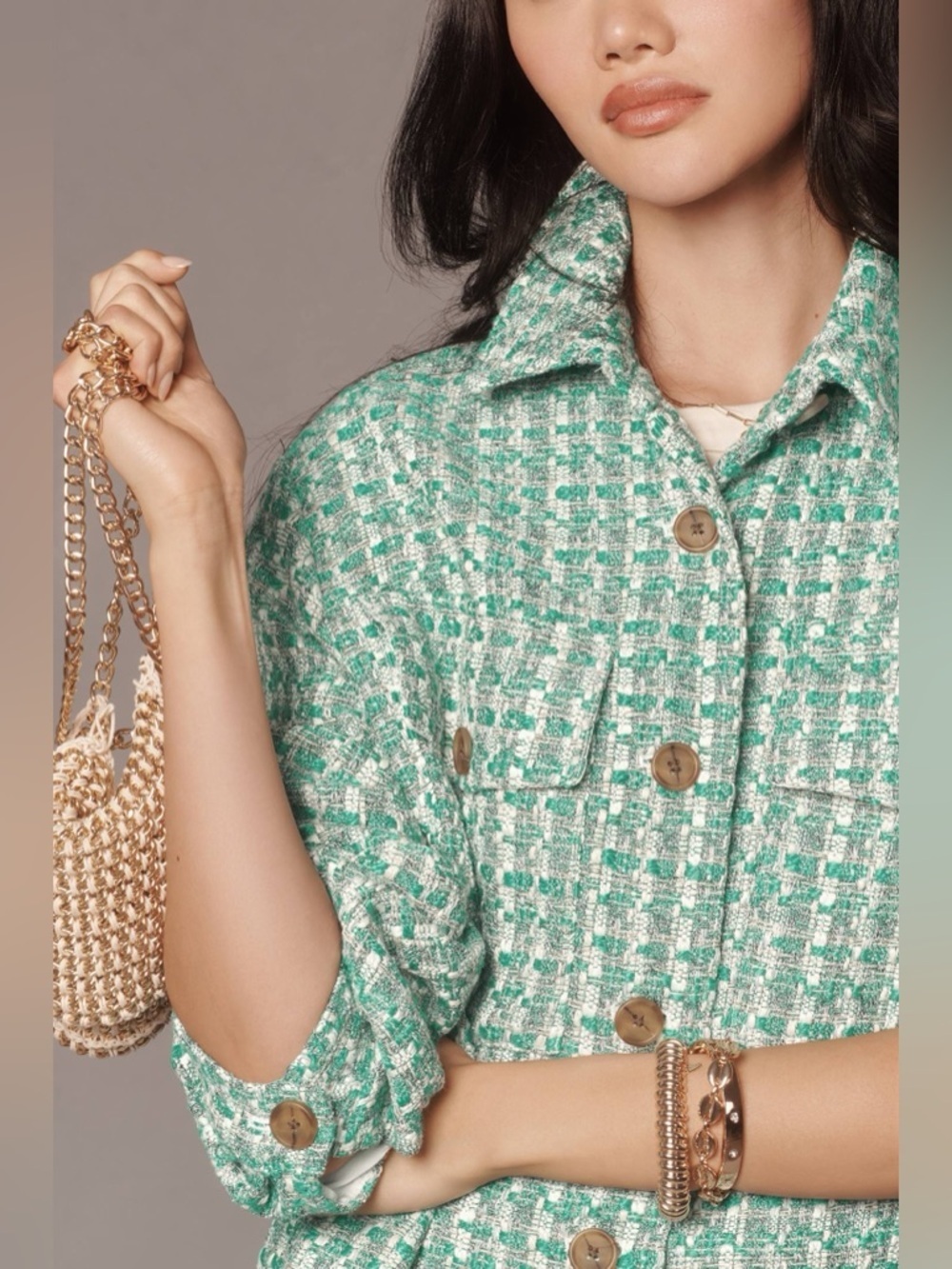 Anthropologie Maeve Plaid Tweed Relaxed Shacket Shirt Jacket Preppy Green XXSP